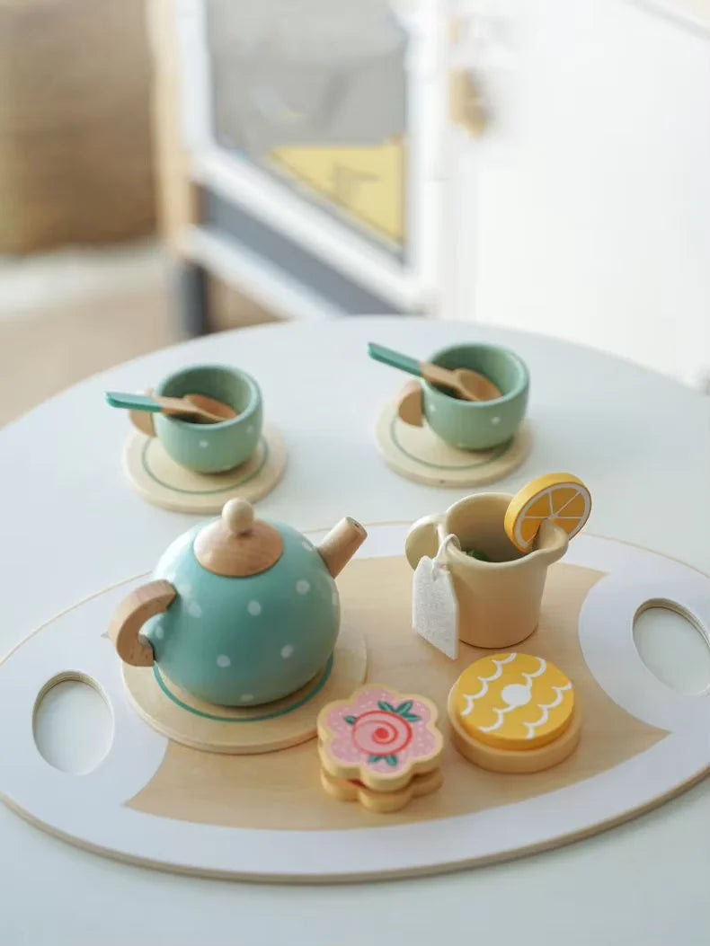 Role Play Wooden Afternoon Tea Set Toy Pretend Play Food Learning Game Early Educational Toys for Toddlers Girls Boys Kids Gifts