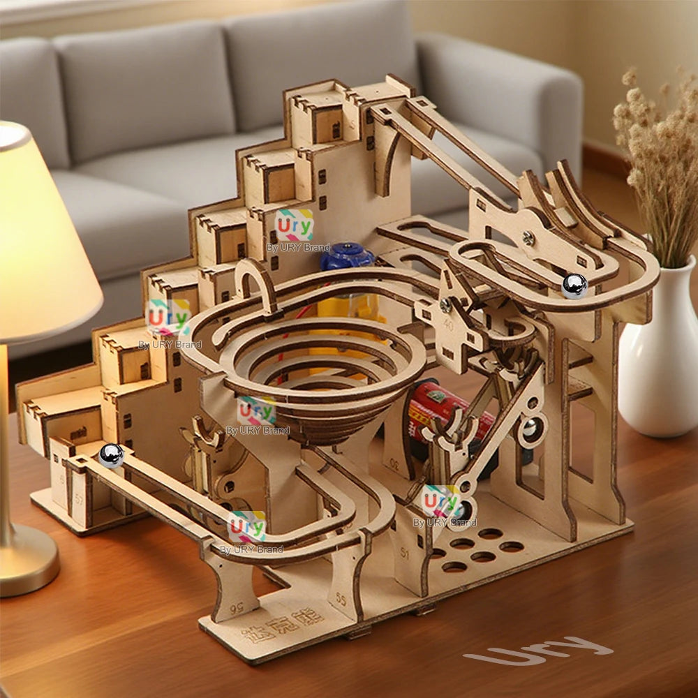 Ury 3D Wooden Puzzles Electric Staircase Track Device Marble Run Set Mechanical Model Science Maze 6 Balls Assembly Gift for Kid