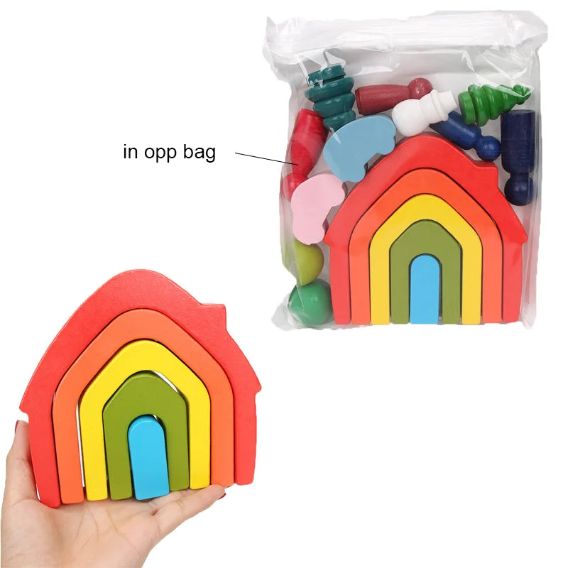 Wooden Rainbow Block Wood Stacking Toys Grimms Rainbow Building Blocks Balls Montessori Eductaional Toy Kids Rainbow Stacker