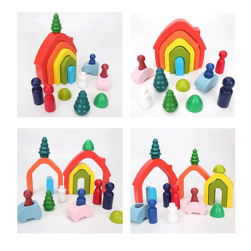 Wooden Rainbow Block Wood Stacking Toys Grimms Rainbow Building Blocks Balls Montessori Eductaional Toy Kids Rainbow Stacker