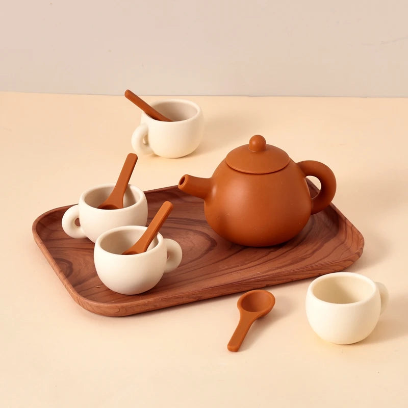 Kids Montessori Afternoon Tea Set Baby Teething Toy BPA Free Silicone Teapot and Teacups Role-Playing Kitchen Toy  Baby Toy Gift