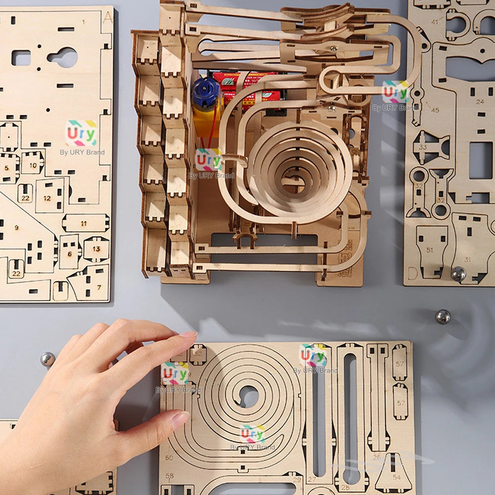 Ury 3D Wooden Puzzles Electric Staircase Track Device Marble Run Set Mechanical Model Science Maze 6 Balls Assembly Gift for Kid