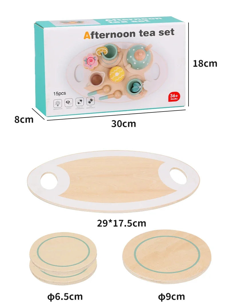 Role Play Wooden Afternoon Tea Set Toy Pretend Play Food Learning Game Early Educational Toys for Toddlers Girls Boys Kids Gifts