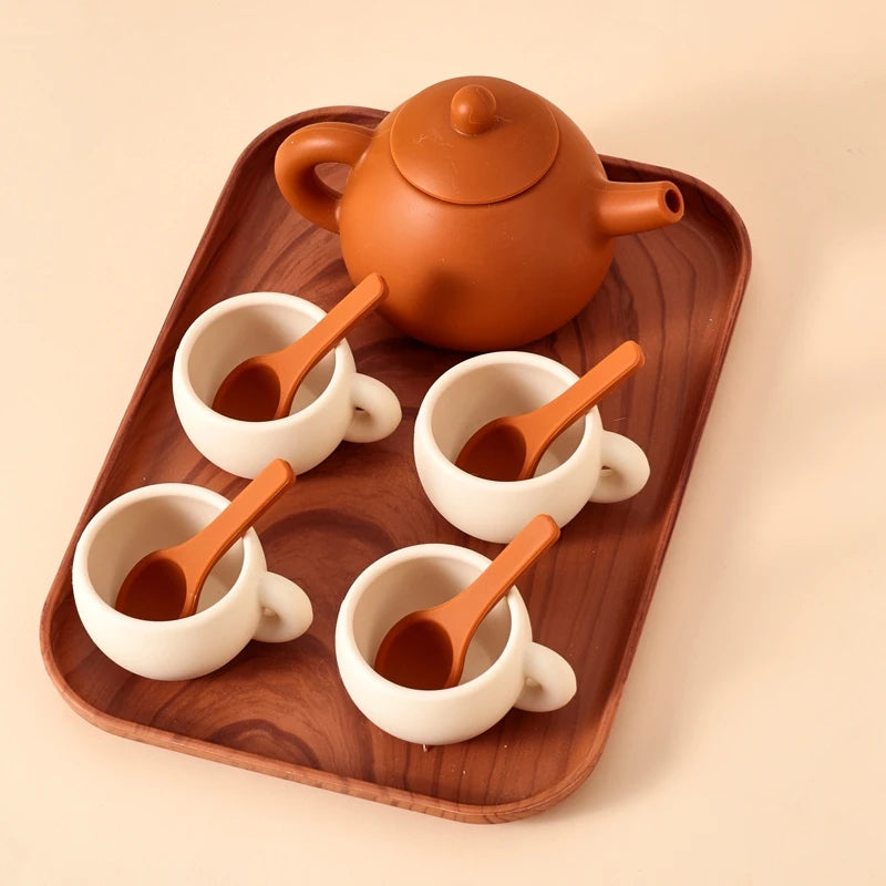 Kids Montessori Afternoon Tea Set Baby Teething Toy BPA Free Silicone Teapot and Teacups Role-Playing Kitchen Toy  Baby Toy Gift