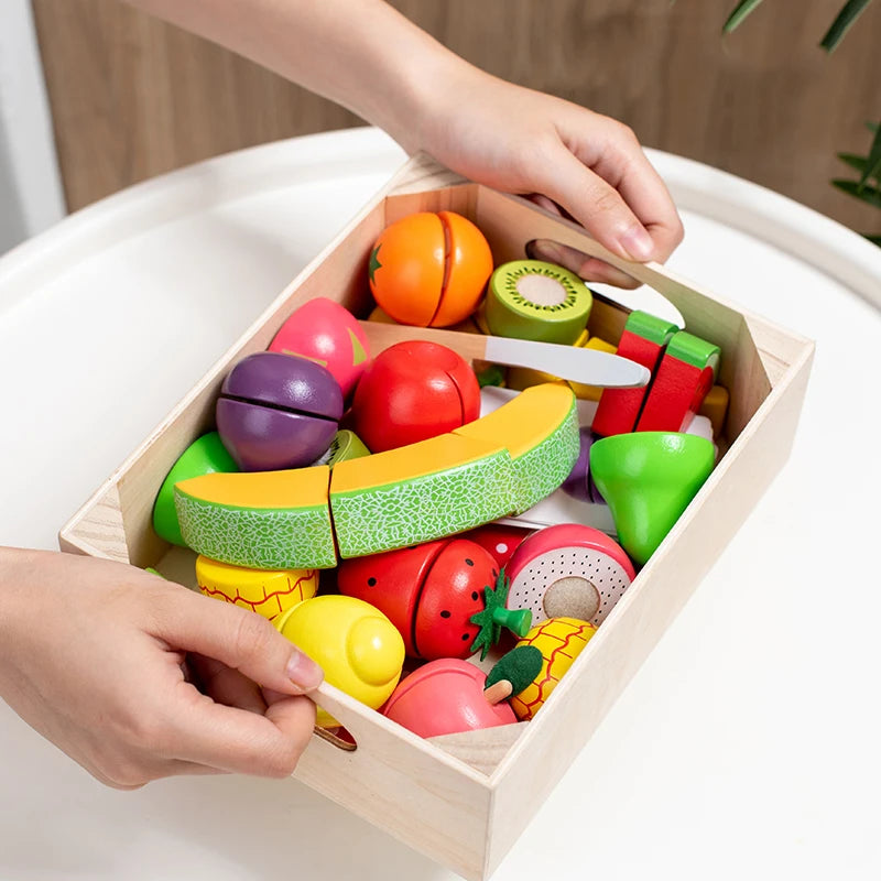 19 Pcs Wooden Play Food Cutting Set Toddler Pretend Play Kitchen Fruits Gift for Boys Girls Educational Toys Early education