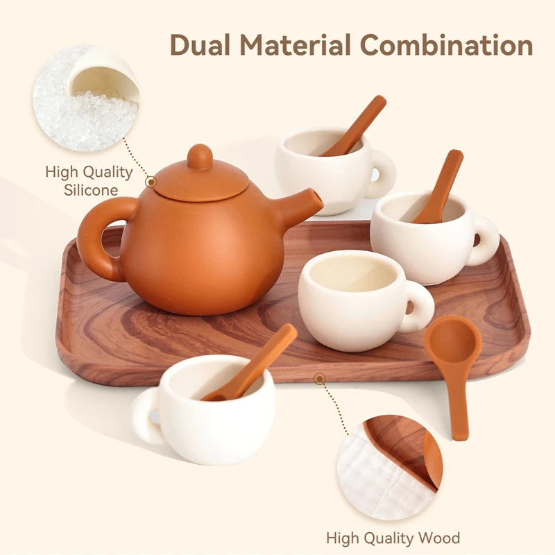 Kids Montessori Afternoon Tea Set Baby Teething Toy BPA Free Silicone Teapot and Teacups Role-Playing Kitchen Toy  Baby Toy Gift