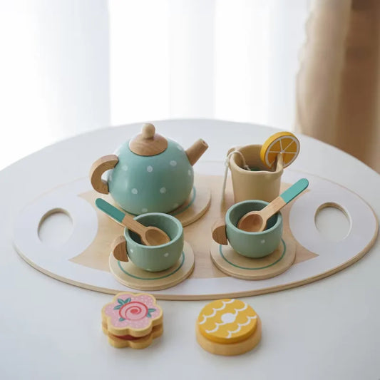 Role Play Wooden Afternoon Tea Set Toy Pretend Play Food Learning Game Early Educational Toys for Toddlers Girls Boys Kids Gifts