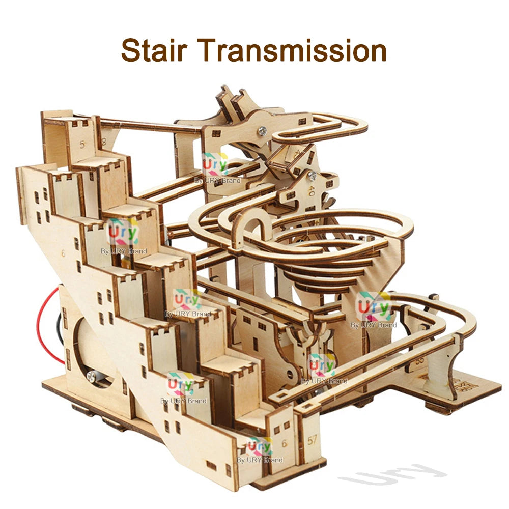 Ury 3D Wooden Puzzles Electric Staircase Track Device Marble Run Set Mechanical Model Science Maze 6 Balls Assembly Gift for Kid