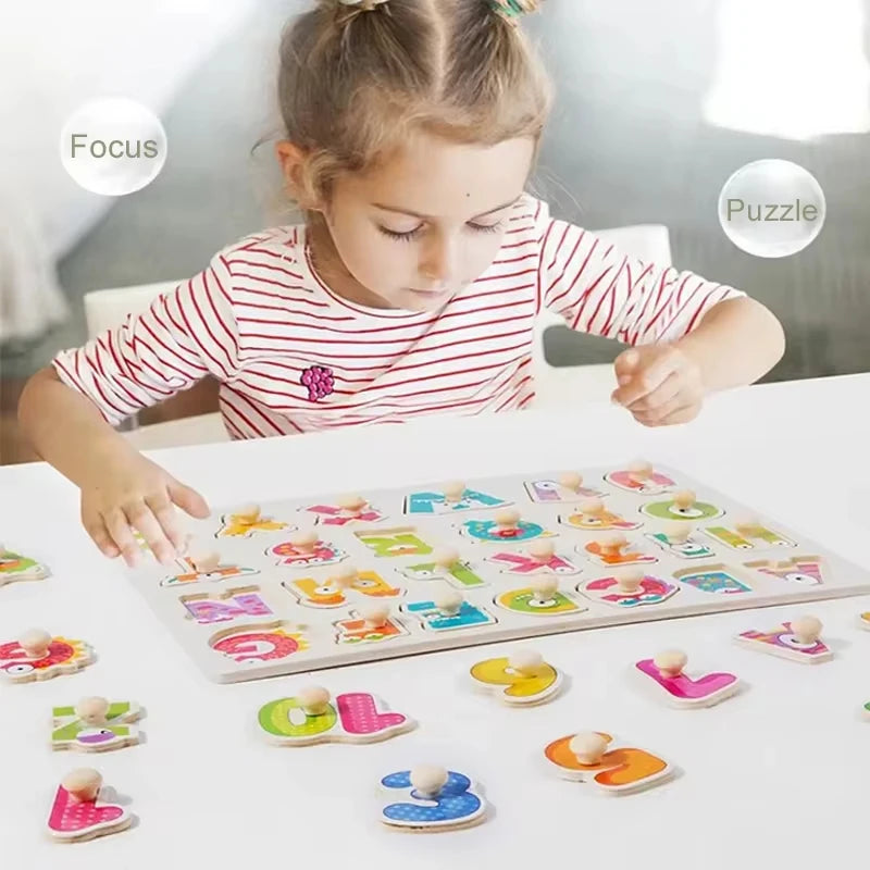 Montessori Baby Toys Wooden Peg Puzzles Hand Grab Boards Toys Tangram Jigsaw Cartoon Animals Fruits 3D Puzzles Educational Toys