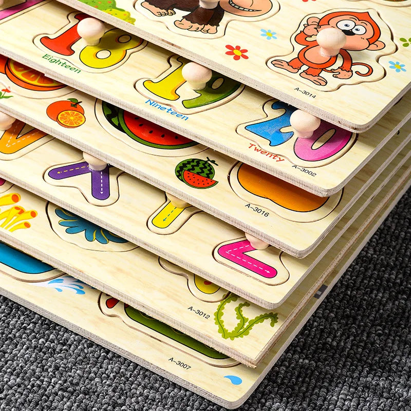 Montessori Baby Toys Wooden Peg Puzzles Hand Grab Boards Toys Tangram Jigsaw Cartoon Animals Fruits 3D Puzzles Educational Toys