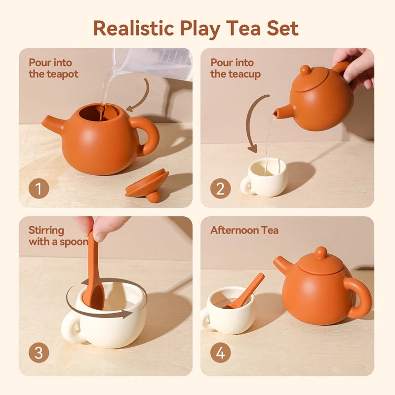 Kids Montessori Afternoon Tea Set Baby Teething Toy BPA Free Silicone Teapot and Teacups Role-Playing Kitchen Toy  Baby Toy Gift