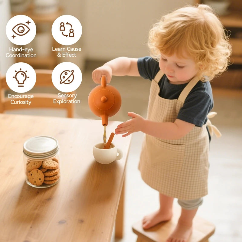 Kids Montessori Afternoon Tea Set Baby Teething Toy BPA Free Silicone Teapot and Teacups Role-Playing Kitchen Toy  Baby Toy Gift