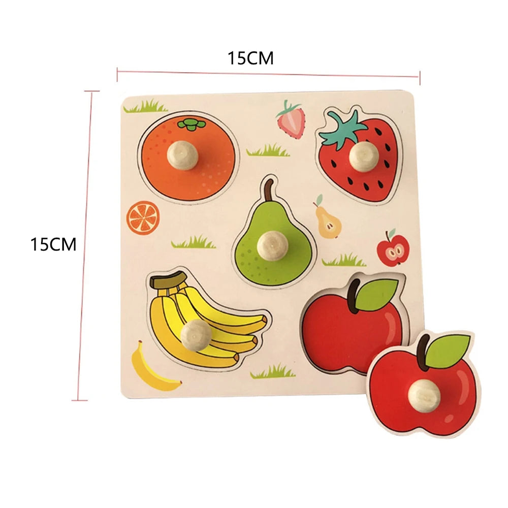Montessori Baby Toys Wooden Peg Puzzles Hand Grab Boards Toys Tangram Jigsaw Cartoon Animals Fruits 3D Puzzles Educational Toys