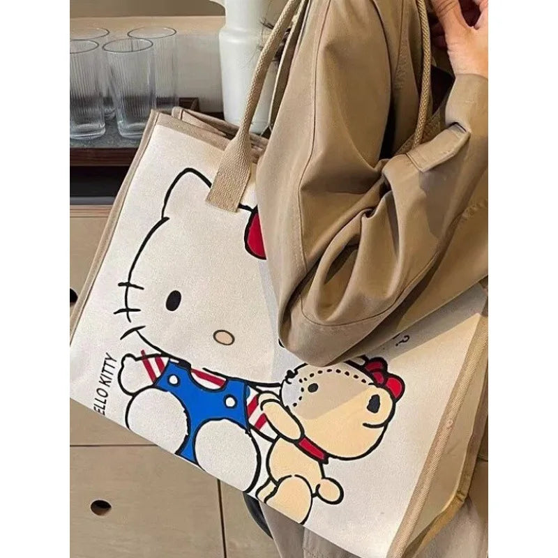 Hello Kitty Sanrio Y2k Tote Canvas Bag, Cute CanvasShoulder Bag, Cartoon Anime Handbag ForSchool Work Travel Shopping Schoolbag