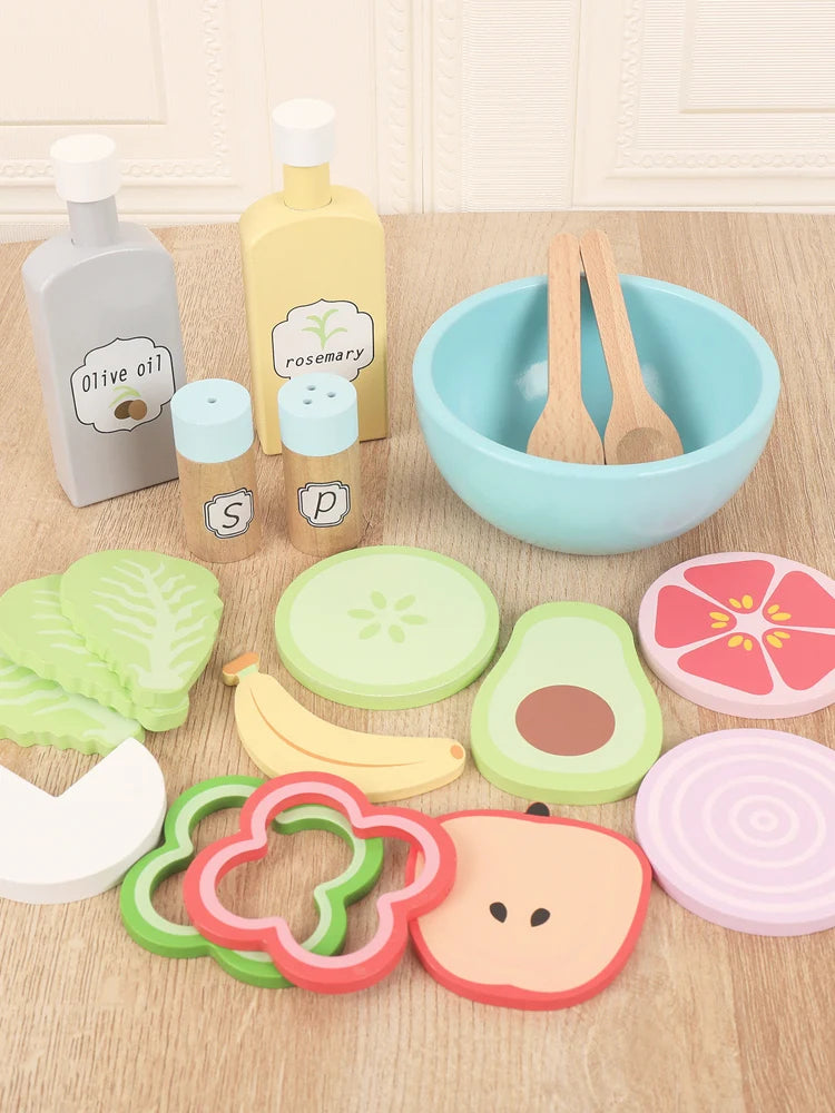 Wooden simulation vegetable salad breakfast french fries toy fruit salad popsicle house American food combination set