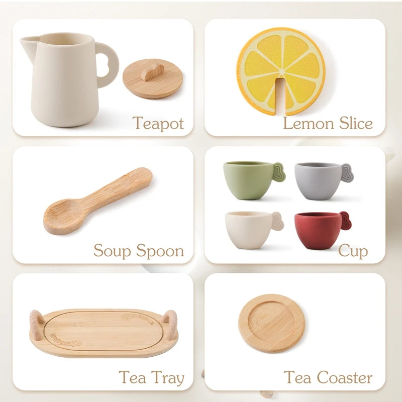 Kids Montessori Afternoon Tea Set Baby Teething Toy BPA Free Silicone Teapot and Teacups Role-Playing Kitchen Toy  Baby Toy Gift