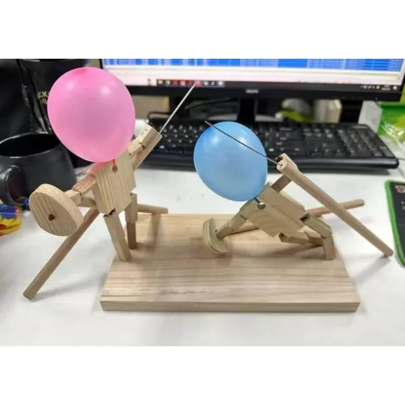 Balloon Bamboo Man Battle Handmade Wooden Fencing Puppets Wooden Bots Battle Game Two-Player Fast-Paced Balloon Battle Game