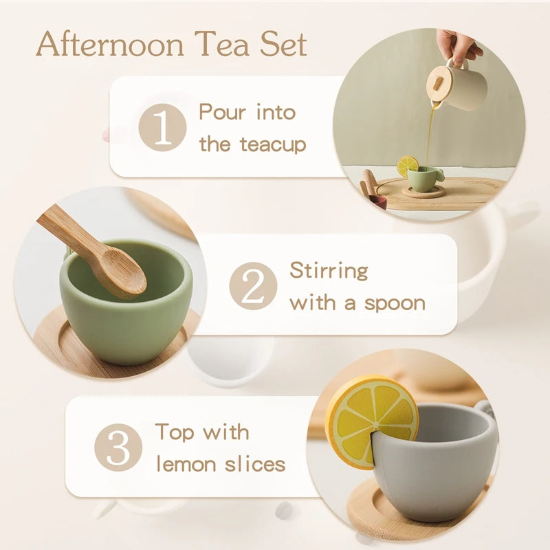 Kids Montessori Afternoon Tea Set Baby Teething Toy BPA Free Silicone Teapot and Teacups Role-Playing Kitchen Toy  Baby Toy Gift