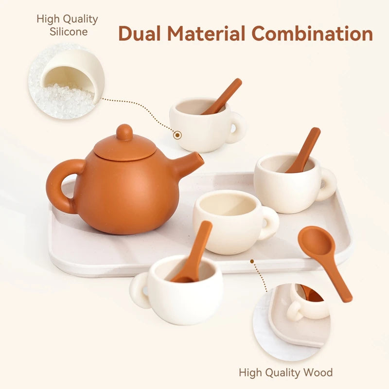 Kids Montessori Afternoon Tea Set Baby Teething Toy BPA Free Silicone Teapot and Teacups Role-Playing Kitchen Toy  Baby Toy Gift