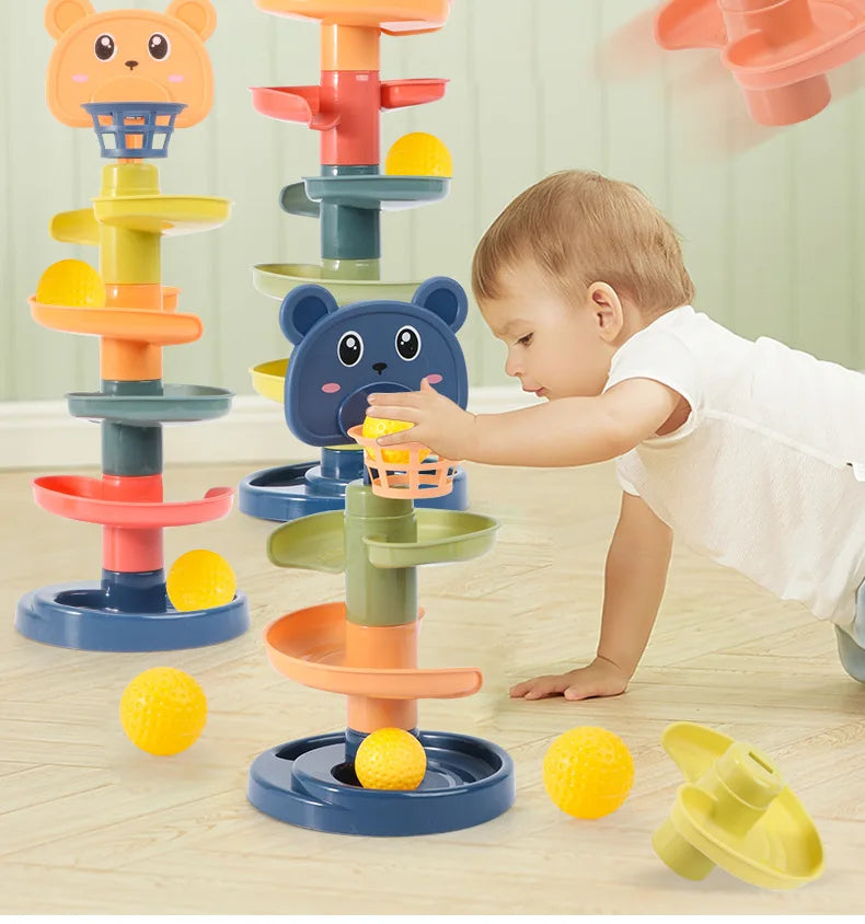 Montessori Baby Toys Rolling Ball Pile Tower Early Educational Toy For Babies Rotating Track Baby Gift Stacking Toy For Children
