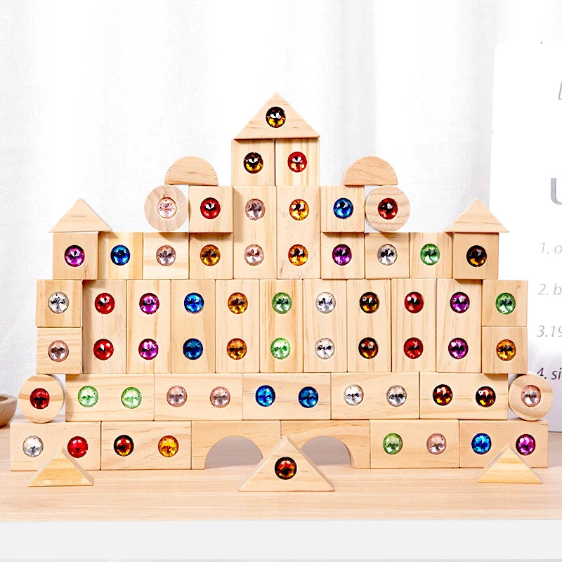 DIY Blocks Sparkling Acrylic Toy Kids Wooden Montessori Rainbow Gem Stacking Blocks Colorful Educational Wooden Creative Toys