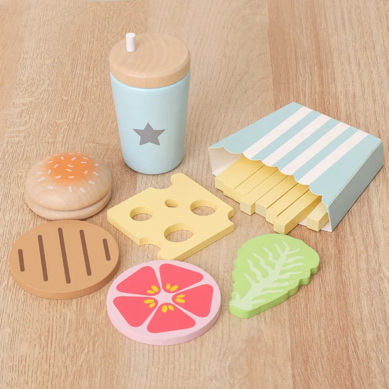 Wooden simulation vegetable salad breakfast french fries toy fruit salad popsicle house American food combination set