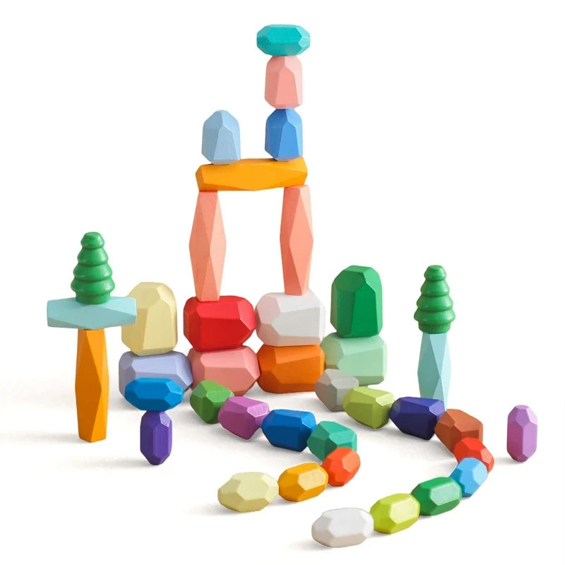 Wood Rainbow Stones Block Colorful Wooden Building Block Rainbow Stacker Balancing Stone Montessori Educational Toy Children