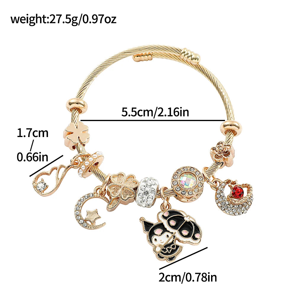 Sanrio Hello Kitty Bracelet for Girl, Kawaii Anime Accessories, Crystal Adjustable Bracelet, Cute Student Christmas Gifts, New