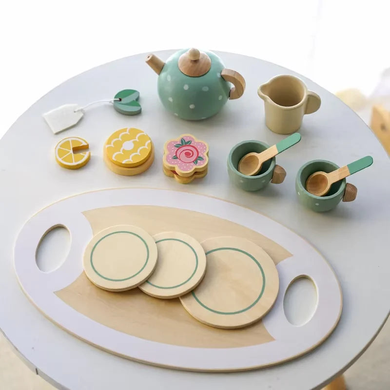 Role Play Wooden Afternoon Tea Set Toy Pretend Play Food Learning Game Early Educational Toys for Toddlers Girls Boys Kids Gifts