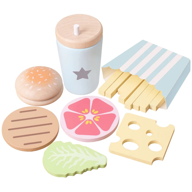 Wooden simulation vegetable salad breakfast french fries toy fruit salad popsicle house American food combination set