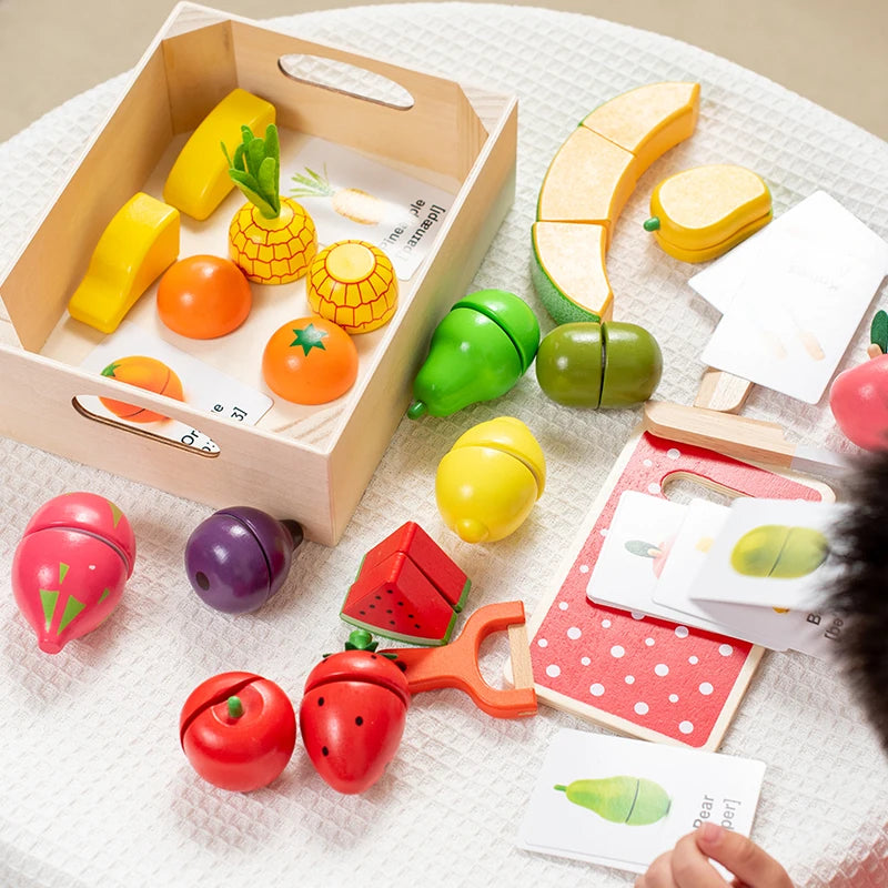 19 Pcs Wooden Play Food Cutting Set Toddler Pretend Play Kitchen Fruits Gift for Boys Girls Educational Toys Early education