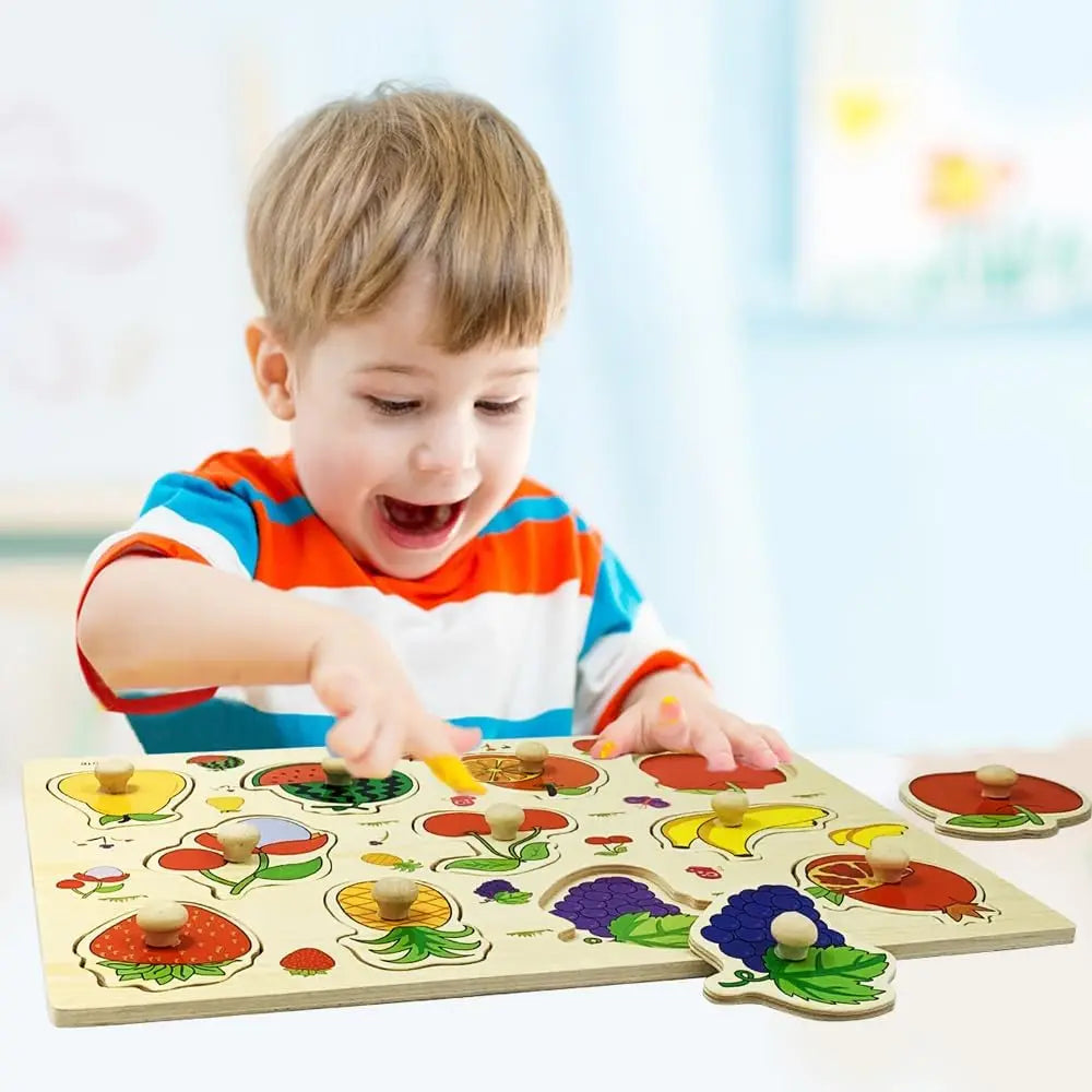 Montessori Baby Toys Wooden Peg Puzzles Hand Grab Boards Toys Tangram Jigsaw Cartoon Animals Fruits 3D Puzzles Educational Toys