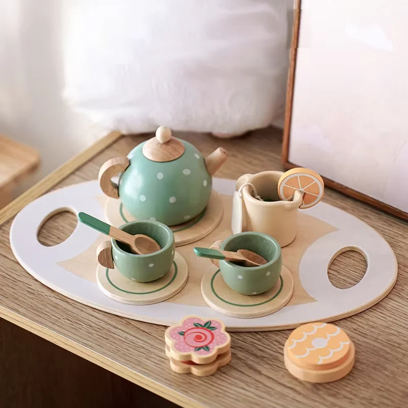 Role Play Wooden Afternoon Tea Set Toy Pretend Play Food Learning Game Early Educational Toys for Toddlers Girls Boys Kids Gifts