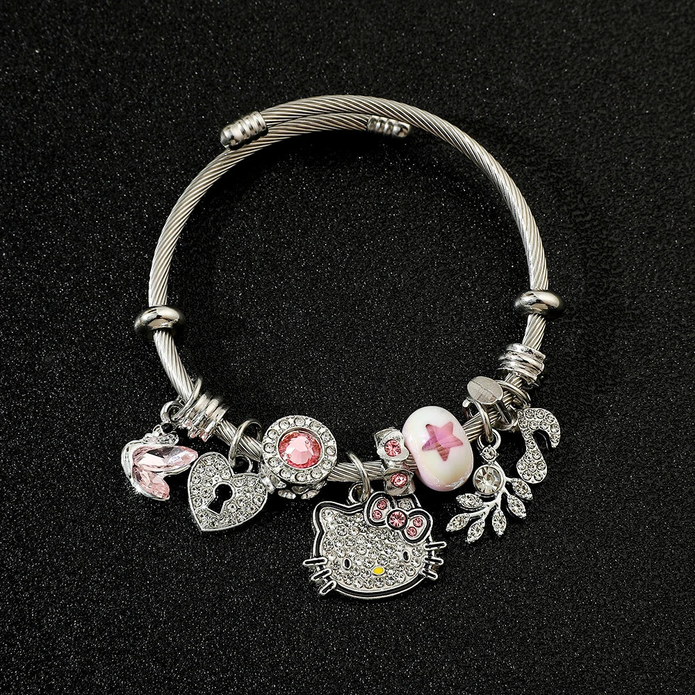 Sanrio Hello Kitty Bracelet for Girl, Kawaii Anime Accessories, Crystal Adjustable Bracelet, Cute Student Christmas Gifts, New