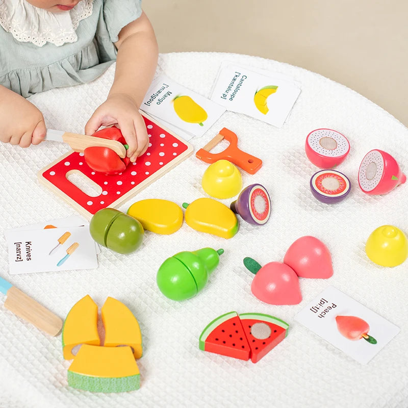 19 Pcs Wooden Play Food Cutting Set Toddler Pretend Play Kitchen Fruits Gift for Boys Girls Educational Toys Early education