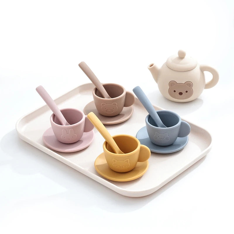 Kids Montessori Afternoon Tea Set Baby Teething Toy BPA Free Silicone Teapot and Teacups Role-Playing Kitchen Toy  Baby Toy Gift