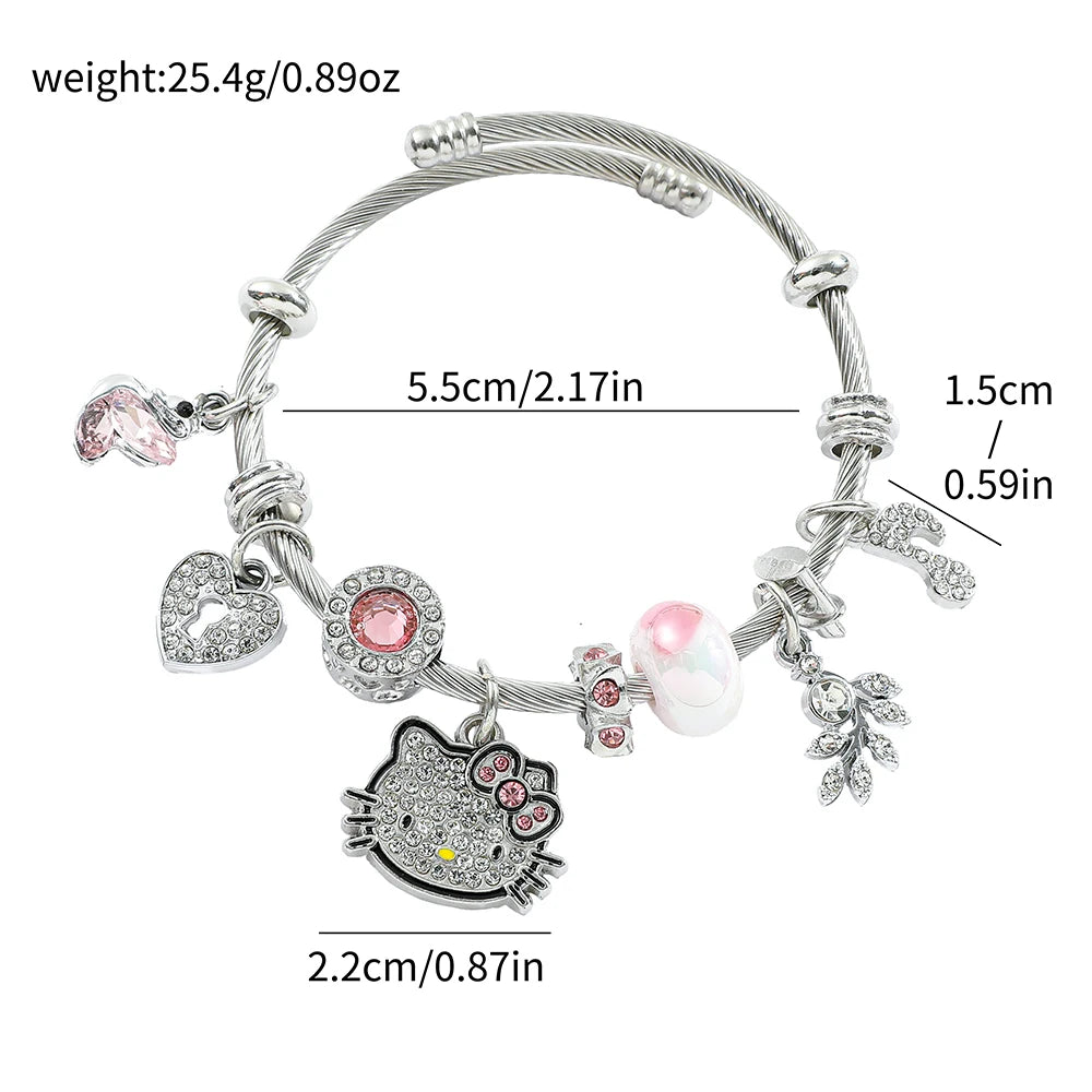 Sanrio Hello Kitty Bracelet for Girl, Kawaii Anime Accessories, Crystal Adjustable Bracelet, Cute Student Christmas Gifts, New