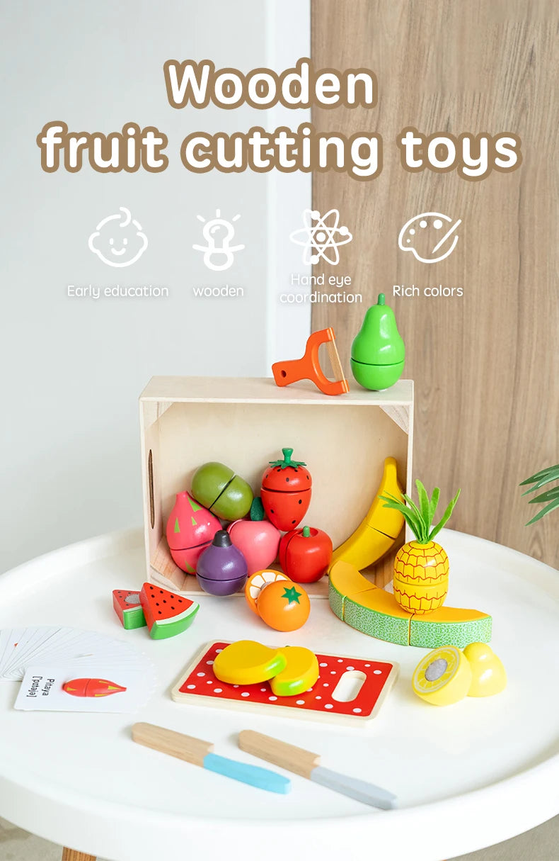 19 Pcs Wooden Play Food Cutting Set Toddler Pretend Play Kitchen Fruits Gift for Boys Girls Educational Toys Early education