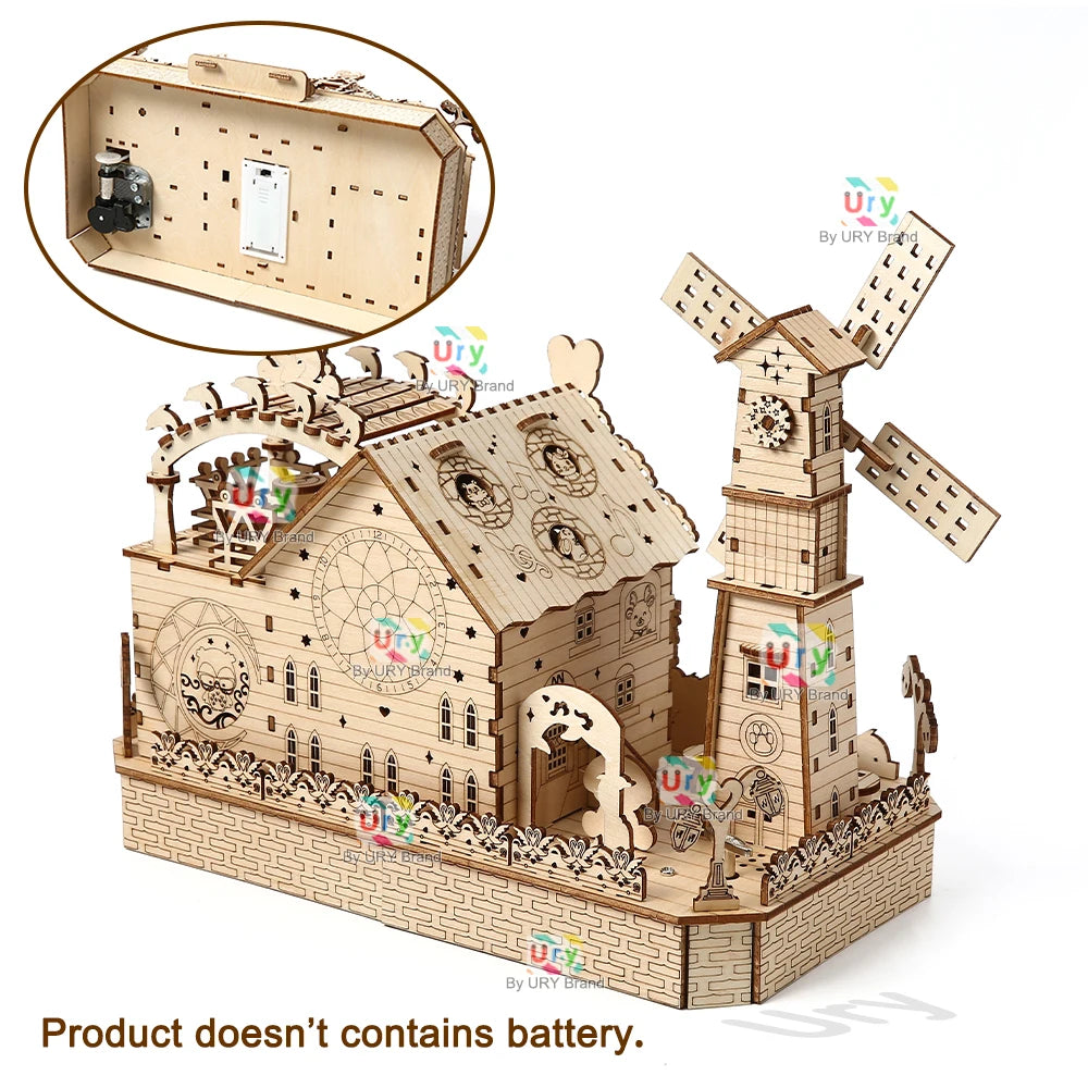 Rotatable DIY 3D Wooden Music Box Puzzles Electric Zoo Animals Hut House Model Mechanical Kits Decor Toys Gifts for Kids