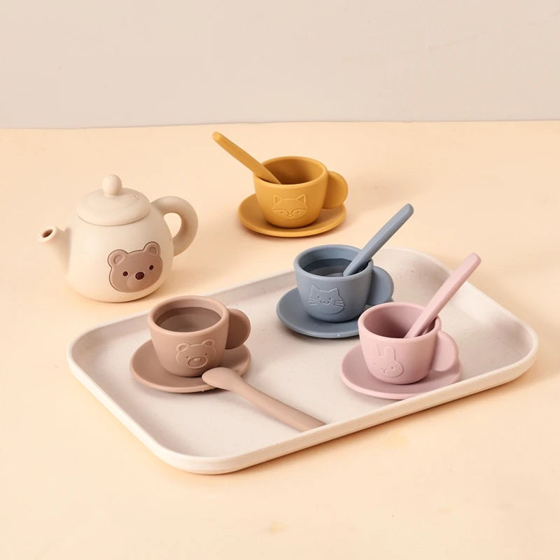 Kids Montessori Afternoon Tea Set Baby Teething Toy BPA Free Silicone Teapot and Teacups Role-Playing Kitchen Toy  Baby Toy Gift