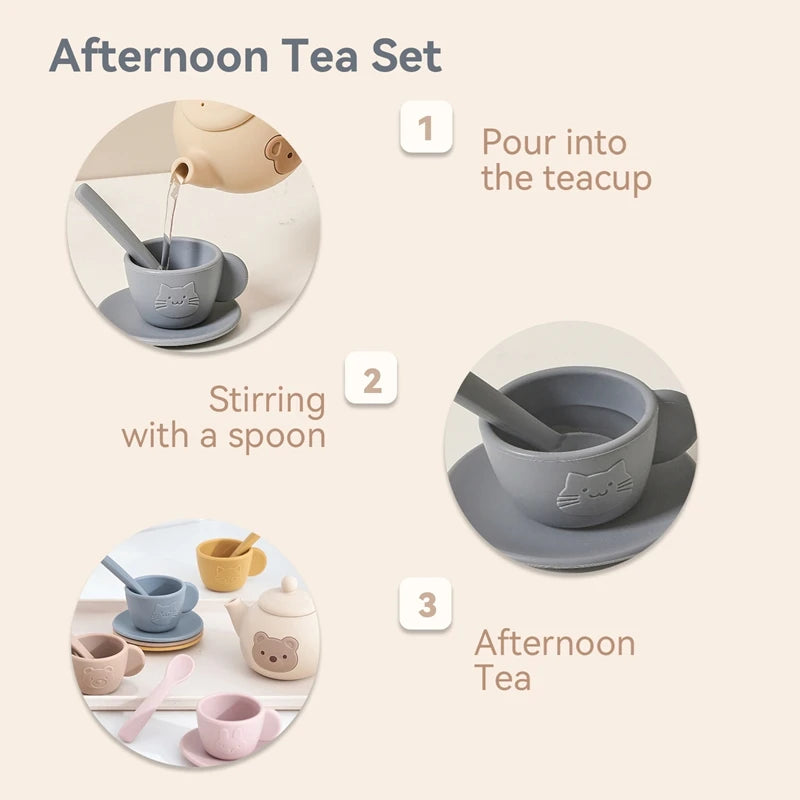 Kids Montessori Afternoon Tea Set Baby Teething Toy BPA Free Silicone Teapot and Teacups Role-Playing Kitchen Toy  Baby Toy Gift