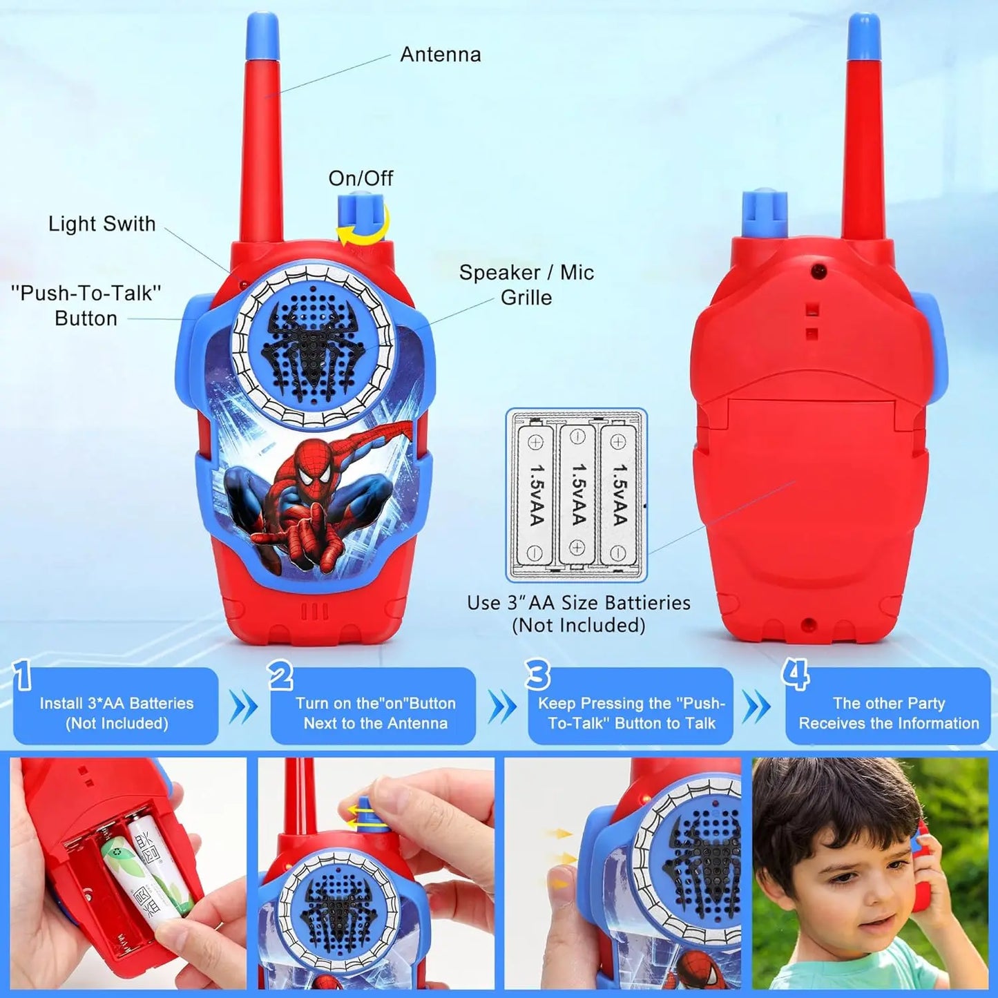 Spidey Walkie Talkies for Kids - 2 Pcs Indoor and Outdoor Spider Toys Gifts for Man Boys Christmas birthday Helloween
