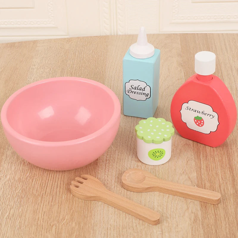 Wooden simulation vegetable salad breakfast french fries toy fruit salad popsicle house American food combination set