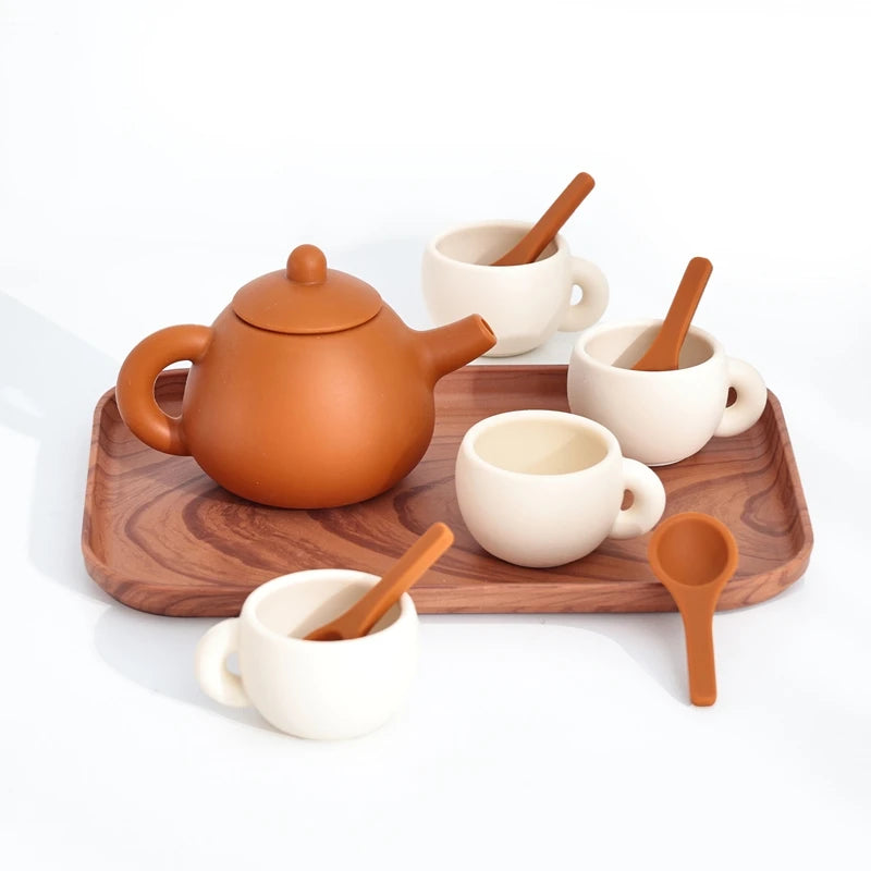 Kids Montessori Afternoon Tea Set Baby Teething Toy BPA Free Silicone Teapot and Teacups Role-Playing Kitchen Toy  Baby Toy Gift