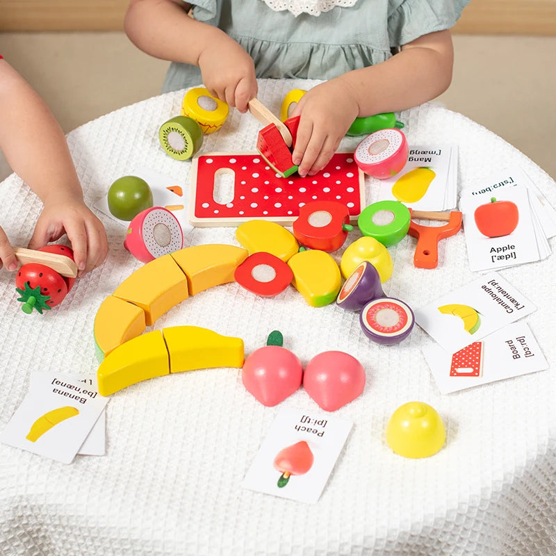 19 Pcs Wooden Play Food Cutting Set Toddler Pretend Play Kitchen Fruits Gift for Boys Girls Educational Toys Early education