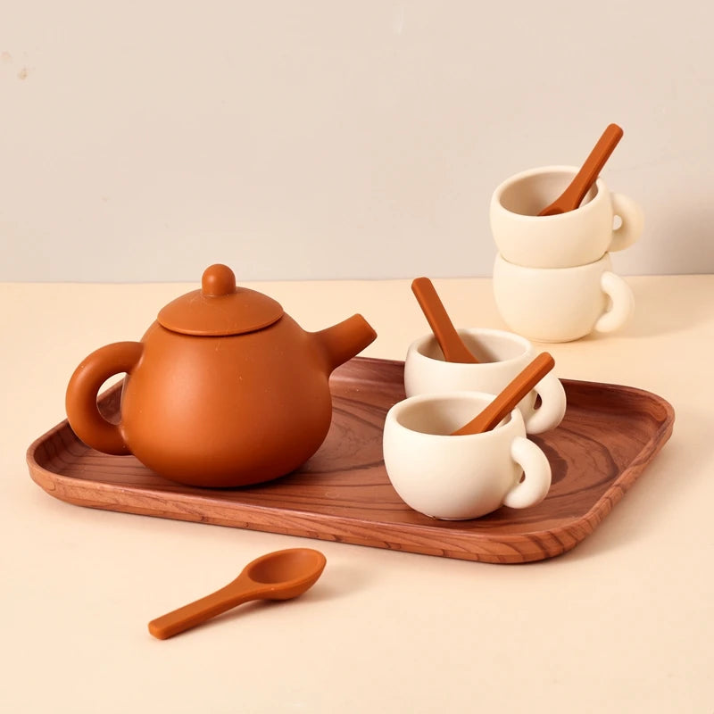 Kids Montessori Afternoon Tea Set Baby Teething Toy BPA Free Silicone Teapot and Teacups Role-Playing Kitchen Toy  Baby Toy Gift