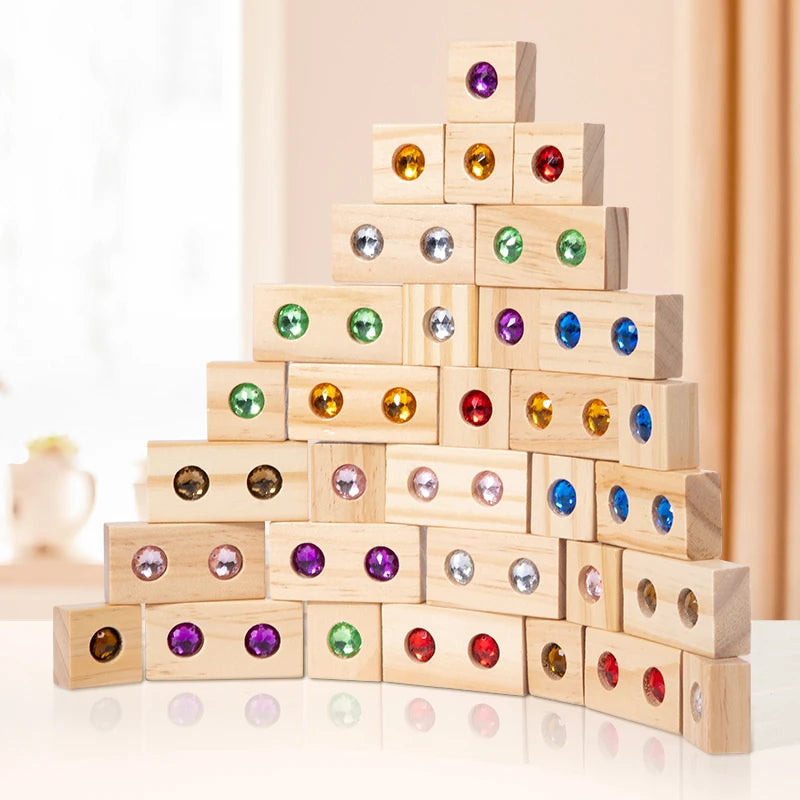 DIY Blocks Sparkling Acrylic Toy Kids Wooden Montessori Rainbow Gem Stacking Blocks Colorful Educational Wooden Creative Toys