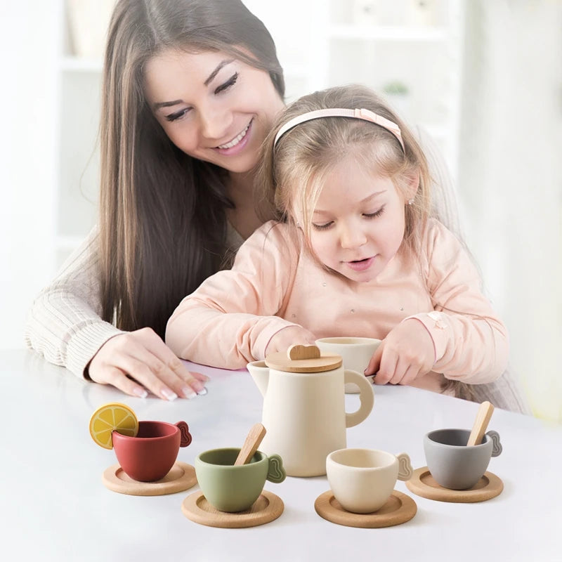 Kids Montessori Afternoon Tea Set Baby Teething Toy BPA Free Silicone Teapot and Teacups Role-Playing Kitchen Toy  Baby Toy Gift