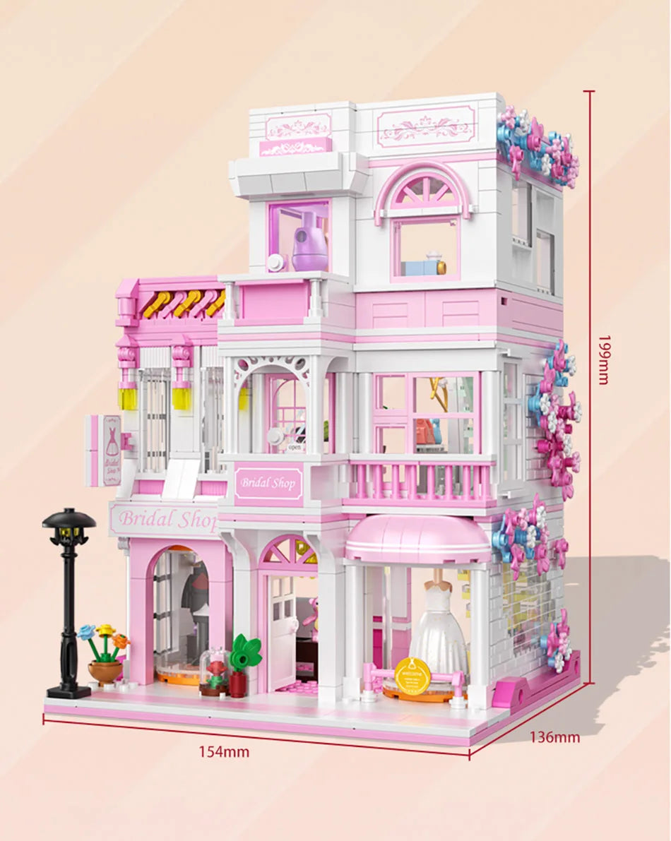 Creative Street View Wedding Salon Manor Garden House Coffee Shop Model Building Blocks City Architecture Mini Bricks Toys Gifts