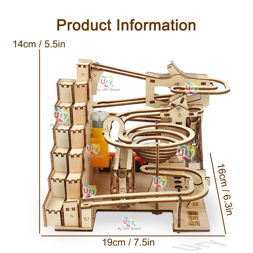 Ury 3D Wooden Puzzles Electric Staircase Track Device Marble Run Set Mechanical Model Science Maze 6 Balls Assembly Gift for Kid